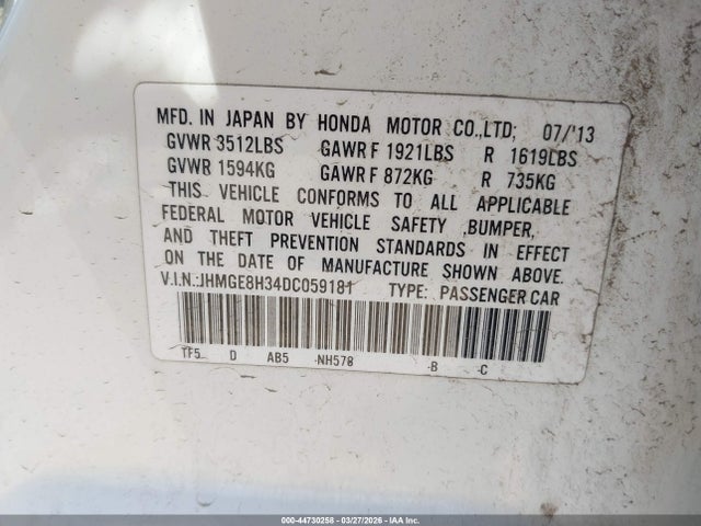 2013 Honda Fit მანქანა იყიდება აუქციონზე, vin: JHMGE8H34DC059181, აუქციონის ნომერი: 44730258