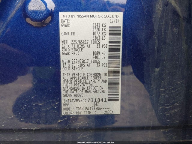Aukcja sprzedaży 2018 Nissan Rogue S, vin: 5N1AT2MV5JC731841, numer aukcji: 44730265