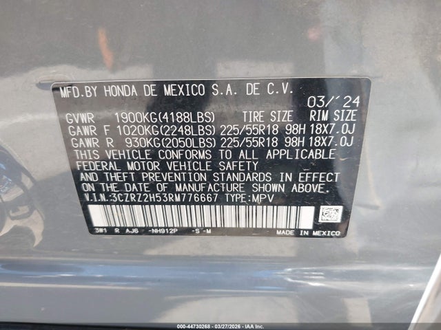 Auction sale of the 2024 Honda Hr-v Awd Sport/awd Sport W/o Bsi, vin: 3CZRZ2H53RM776667, lot number: 44730268