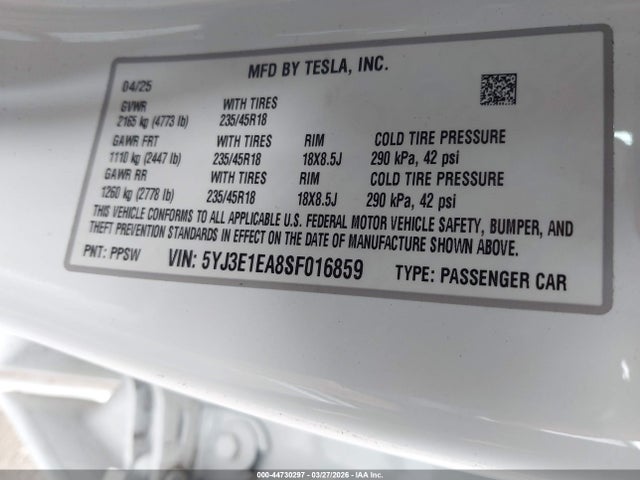 Продаж на аукціоні авто 2025 Tesla Model 3 Long Range Rear-wheel Drive/standard Rear-wheel Drive, vin: 5YJ3E1EA8SF016859, номер лоту: 44730297