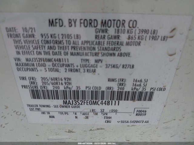 2021 Ford Ecosport S მანქანა იყიდება აუქციონზე, vin: MAJ3S2FE0MC448111, აუქციონის ნომერი: 44730306