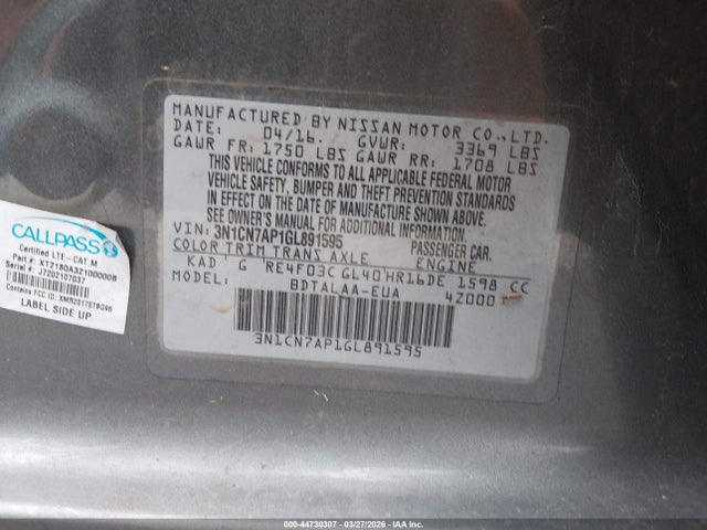 Nissan Versa 1.6 S 2016 3N1CN7AP1GL891595 Image 9