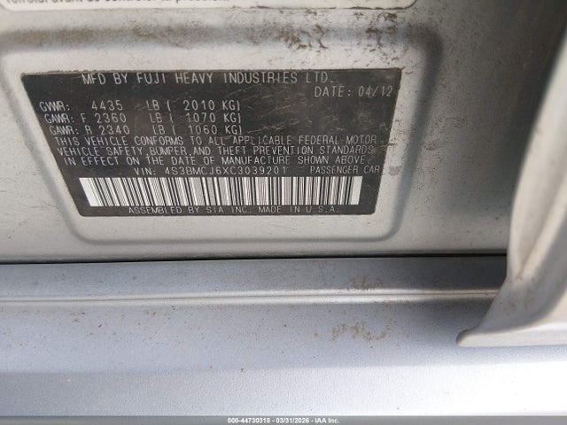 Aukcja sprzedaży 2012 Subaru Legacy 2.5i Limited, vin: 4S3BMCJ6XC3039201, numer aukcji: 44730318