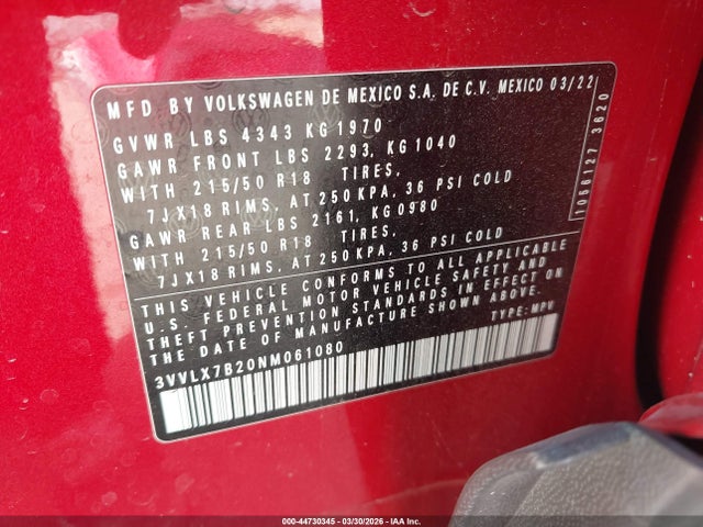 3VVLX7B20NM061080 Volkswagen Taos 1.5t Se