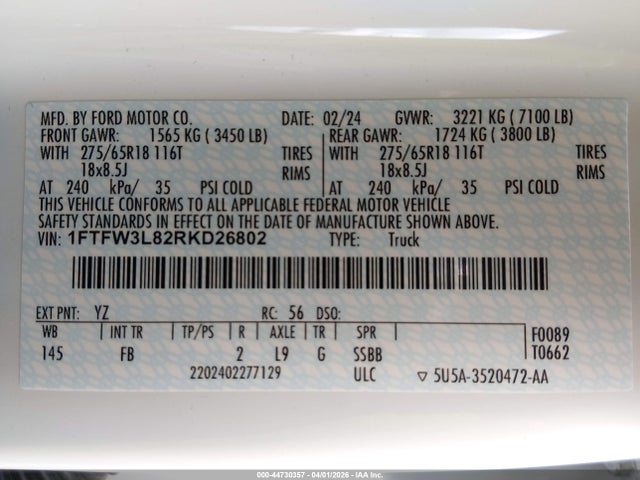 Aukcja sprzedaży 2024 Ford F-150 Xlt, vin: 1FTFW3L82RKD26802, numer aukcji: 44730357