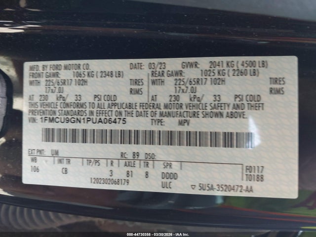 Aukcja sprzedaży 2023 Ford Escape Active, vin: 1FMCU9GN1PUA06475, numer aukcji: 44730358