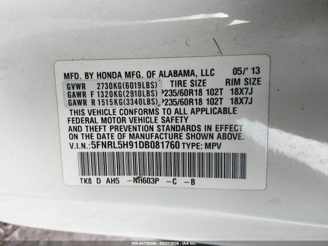 2013 HONDA ODYSSEY 5FNRL5H91DB081760 Photo 8