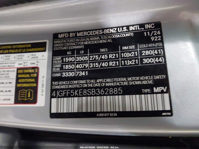 Продажа на аукционе авто 2025 Mercedes-benz Gls 450 4matic, vin: 4JGFF5KE8SB362885, номер лота: 44730369