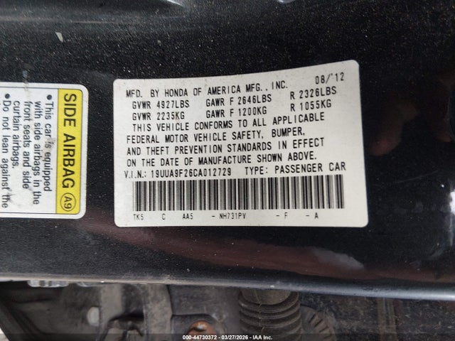 44730372 :رقم المزاد ، 19UUA9F26CA012729 vin ، 2012 Acura Tl 3.7 مزاد بيع