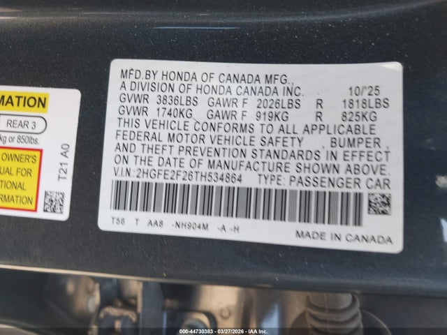 2026 Honda Civic Lx მანქანა იყიდება აუქციონზე, vin: 2HGFE2F26TH534864, აუქციონის ნომერი: 44730383