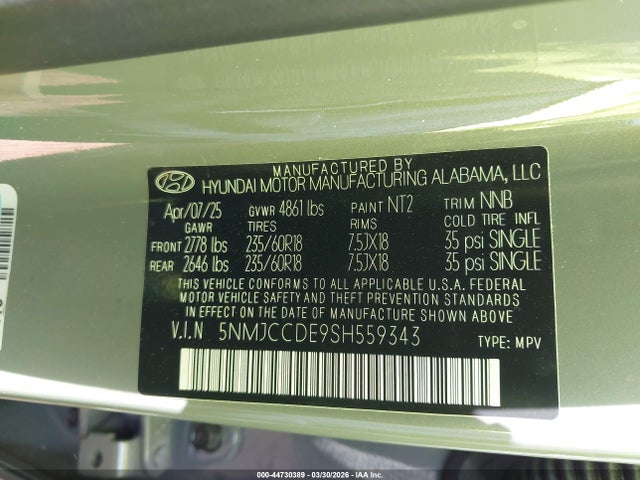 Aukcja sprzedaży 2025 Hyundai Tucson Sel Convenience, vin: 5NMJCCDE9SH559343, numer aukcji: 44730389