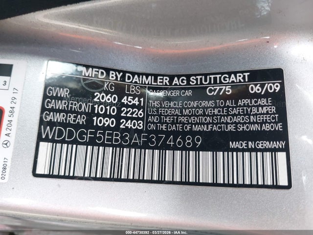 Продажа на аукционе авто 2010 Mercedes-benz C 300 Sport, vin: WDDGF5EB3AF374689, номер лота: 44730392