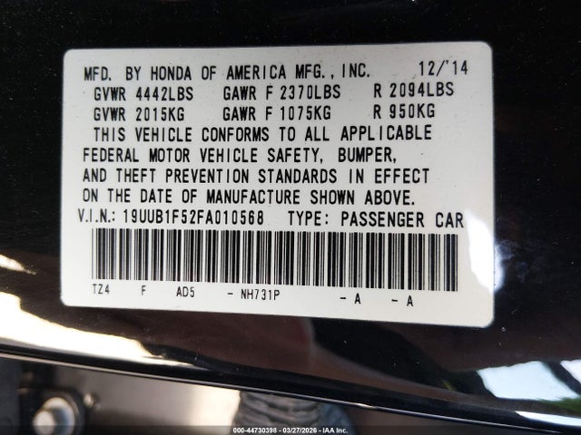 44730398 :رقم المزاد ، 19UUB1F52FA010568 vin ، 2015 Acura Tlx Tech مزاد بيع