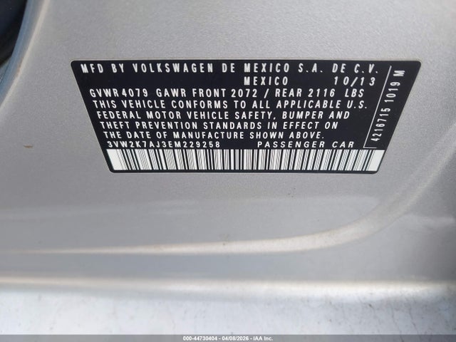Продаж на аукціоні авто 2014 Volkswagen Jetta 2.0l S, vin: 3VW2K7AJ3EM229258, номер лоту: 44730404