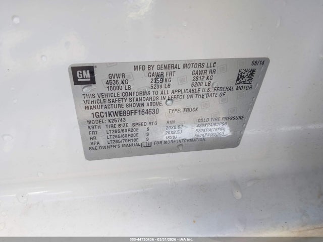 2015 Chevrolet Silverado 2500hd Ltz მანქანა იყიდება აუქციონზე, vin: 1GC1KWE89FF164630, აუქციონის ნომერი: 44730406