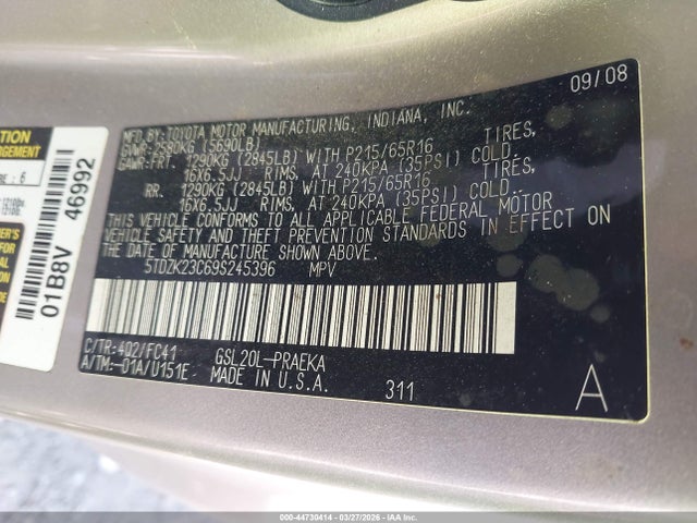 44730414 :رقم المزاد ، 5TDZK23C69S245396 vin ، 2009 Toyota Sienna Le مزاد بيع