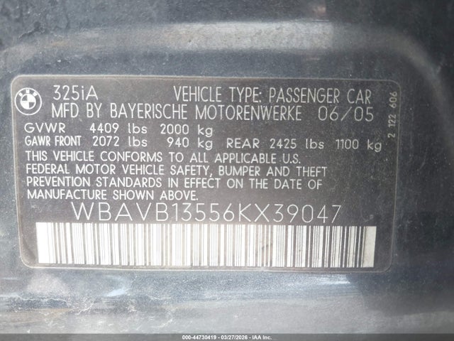 2006 Bmw 325i მანქანა იყიდება აუქციონზე, vin: WBAVB13556KX39047, აუქციონის ნომერი: 44730419