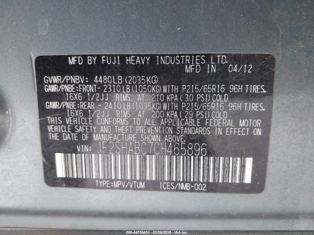 Продажа на аукционе авто 2012 Subaru Forester 2.5x, vin: JF2SHABC7CH465896, номер лота: 44730424