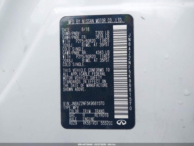 Aukcja sprzedaży 2019 Infiniti Qx80 Luxe, vin: JN8AZ2NF5K9681570, numer aukcji: 44730440
