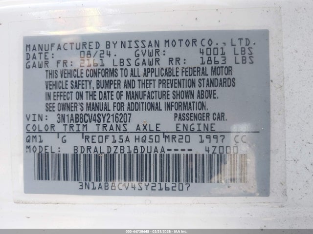 2025 Nissan Sentra Sv მანქანა იყიდება აუქციონზე, vin: 3N1AB8CV4SY216207, აუქციონის ნომერი: 44730448