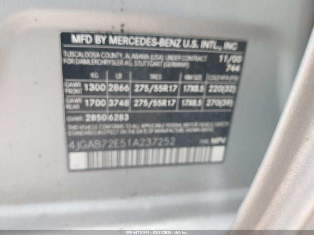 2001 Mercedes-benz Ml 430 მანქანა იყიდება აუქციონზე, vin: 4JGAB72E51A237252, აუქციონის ნომერი: 44730451
