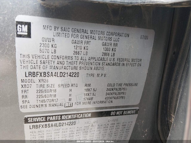 Aukcja sprzedaży 2020 Buick Envision Fwd Preferred, vin: LRBFXBSA4LD214220, numer aukcji: 44730453