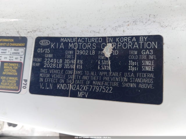 Aukcja sprzedaży 2015 Kia Soul, vin: KNDJN2A2XF7797522, numer aukcji: 44730480