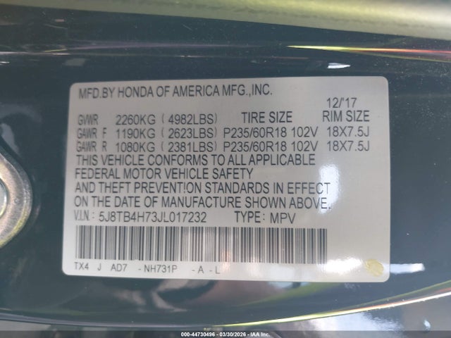 2018 Acura Rdx Advance Package მანქანა იყიდება აუქციონზე, vin: 5J8TB4H73JL017232, აუქციონის ნომერი: 44730496