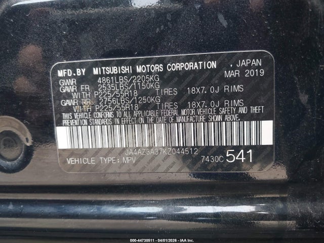 Aukcja sprzedaży 2019 Mitsubishi Outlander Es/le/se/sel, vin: JA4AZ3A37KZ044512, numer aukcji: 44730511