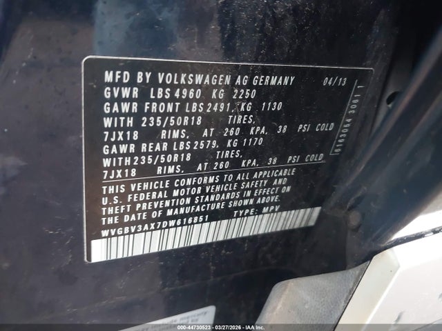 Auction sale of the 2013 Volkswagen Tiguan Se, vin: WVGBV3AX7DW616851, lot number: 44730523