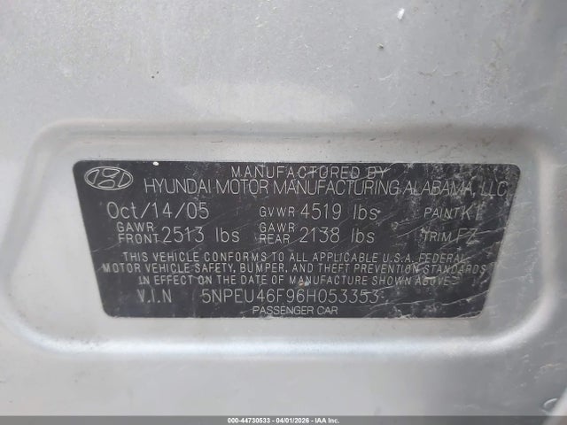 Aukcja sprzedaży 2006 Hyundai Sonata Gls V6/lx V6, vin: 5NPEU46F96H053353, numer aukcji: 44730533