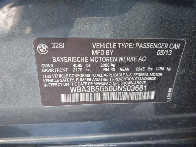 2013 Bmw 328i Xdrive მანქანა იყიდება აუქციონზე, vin: WBA3B5G56DNS03681, აუქციონის ნომერი: 44730536