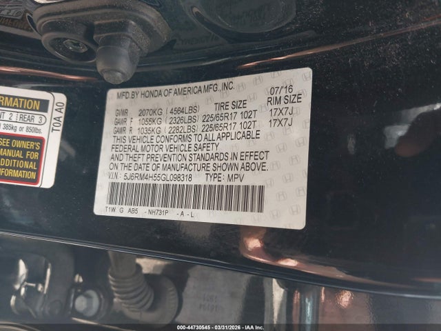 2016 Honda Cr-v Ex მანქანა იყიდება აუქციონზე, vin: 5J6RM4H55GL098318, აუქციონის ნომერი: 44730545