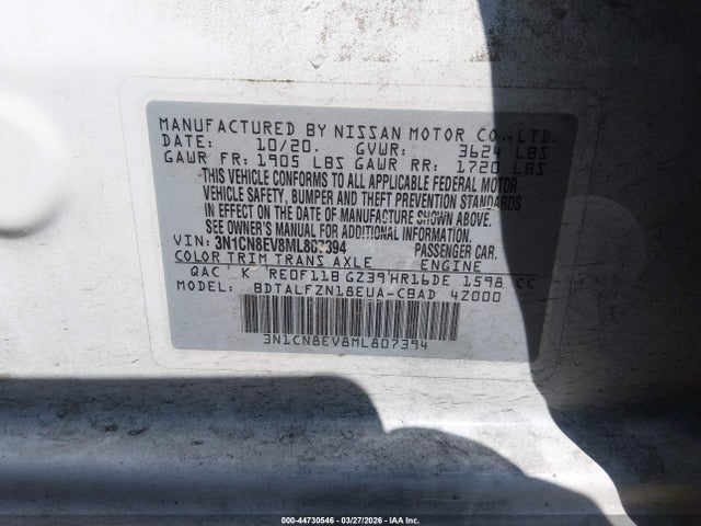 44730546 :رقم المزاد ، 3N1CN8EV8ML807394 vin ، 2021 Nissan Versa Sv Xtronic Cvt مزاد بيع