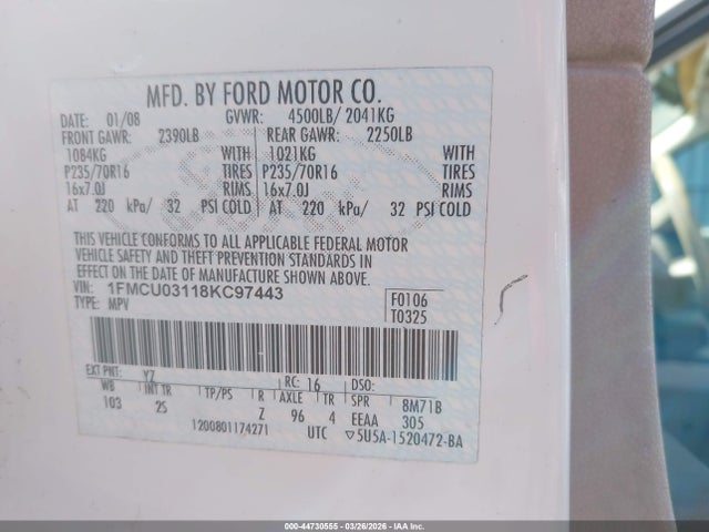 44730555 :رقم المزاد ، 1FMCU03118KC97443 vin ، 2008 Ford Escape Xlt مزاد بيع