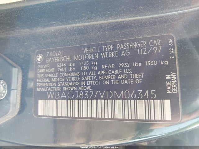 1997 Bmw 740il მანქანა იყიდება აუქციონზე, vin: WBAGJ8327VDM06345, აუქციონის ნომერი: 44730558