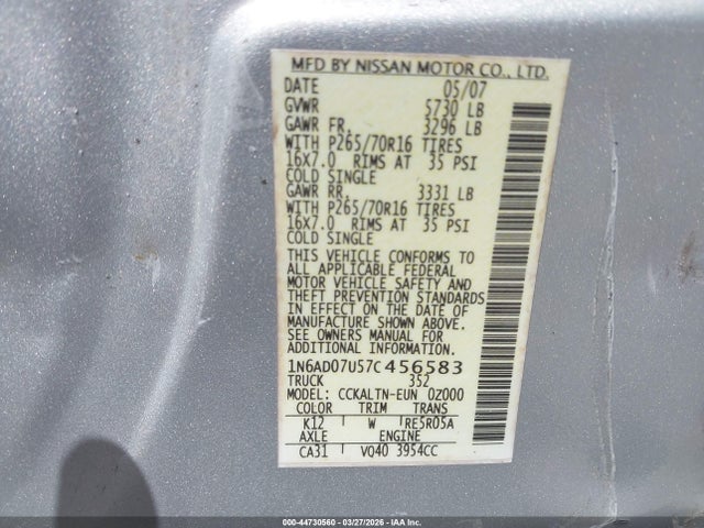 2007 NISSAN FRONTIER 1N6AD07U57C456583 Photo 8
