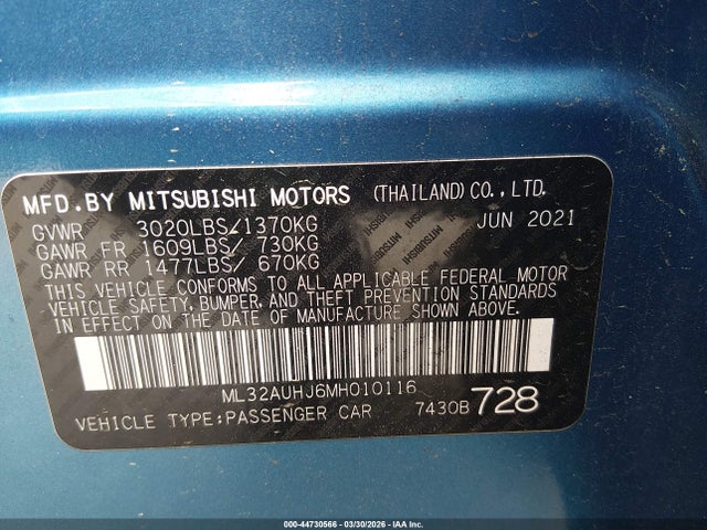 Продаж на аукціоні авто 2021 Mitsubishi Mirage Carbonite Edition/es/le, vin: ML32AUHJ6MH010116, номер лоту: 44730566