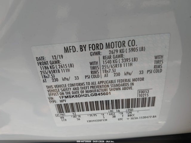 Продаж на аукціоні авто 2020 Ford Explorer Xlt, vin: 1FMSK8DH2LGB45601, номер лоту: 44730589