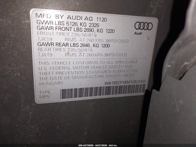 Aukcja sprzedaży 2021 Audi Q3 Premium Plus 45 Tfsi S Line Quattro Tiptronic, vin: WA1EECF3XM1052658, numer aukcji: 44730590