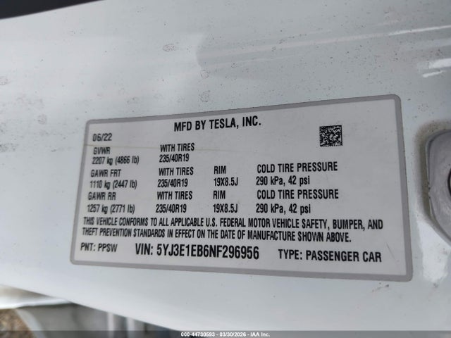 Aukcja sprzedaży 2022 Tesla Model 3 Long Range Dual Motor All-wheel Drive, vin: 5YJ3E1EB6NF296956, numer aukcji: 44730593