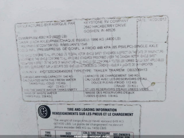 Продаж на аукціоні авто 2013 Keystone Rv Other, vin: 4YDT3202XDB450263, номер лоту: 44730605