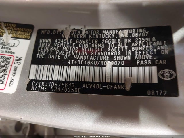 2007 Toyota Camry Ce მანქანა იყიდება აუქციონზე, vin: 4T4BE46K07R009070, აუქციონის ნომერი: 44730617