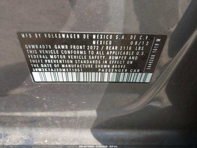 Продаж на аукціоні авто 2013 Volkswagen Jetta 2.0l S, vin: 3VW2K7AJ2DM371051, номер лоту: 44730646