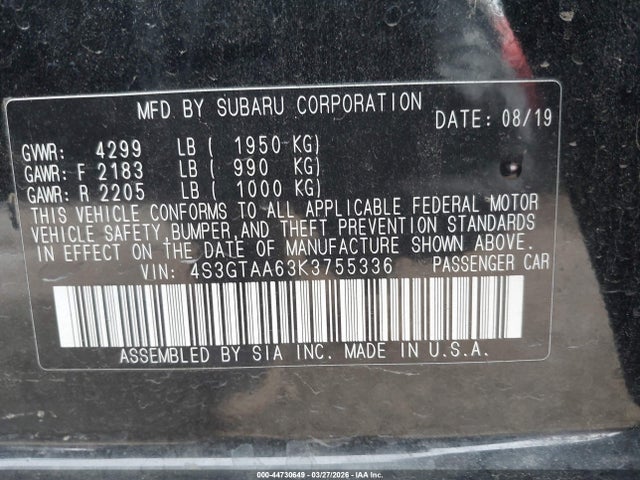 Продажа на аукционе авто 2019 Subaru Impreza 2.0i, vin: 4S3GTAA63K3755336, номер лота: 44730649