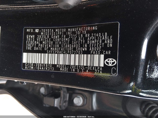 Toyota COROLLA LE 2020 5YFEPRAE4LP072703 Image 9