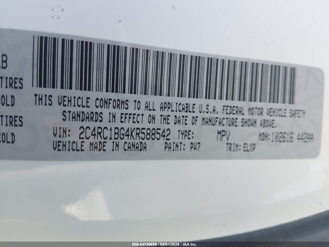 2019 Chrysler Pacifica Touring L მანქანა იყიდება აუქციონზე, vin: 2C4RC1BG4KR588542, აუქციონის ნომერი: 44730656