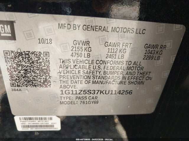 Aukcja sprzedaży 2019 Chevrolet Impala Lt, vin: 1G11Z5S37KU114256, numer aukcji: 44730658