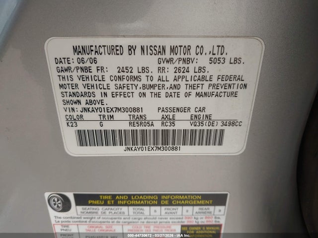 44730672 :رقم المزاد ، JNKAY01EX7M300881 vin ، 2007 Infiniti M35 مزاد بيع