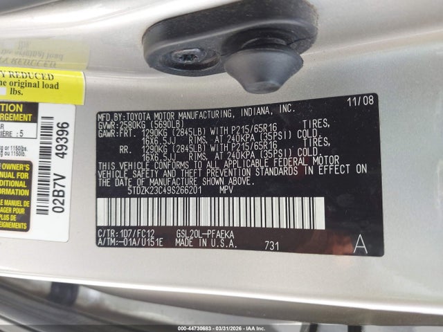 44730683 :رقم المزاد ، 5TDZK23C49S266201 vin ، 2009 Toyota Sienna Le مزاد بيع